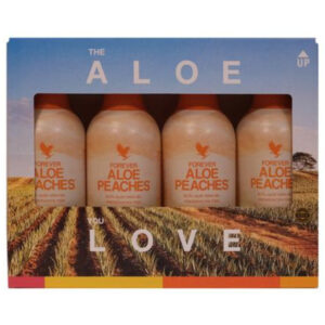 Forever Aloe Peaches 4Pack συσκευασία με τέσσερα μπουκάλια αλόης ροδάκινο