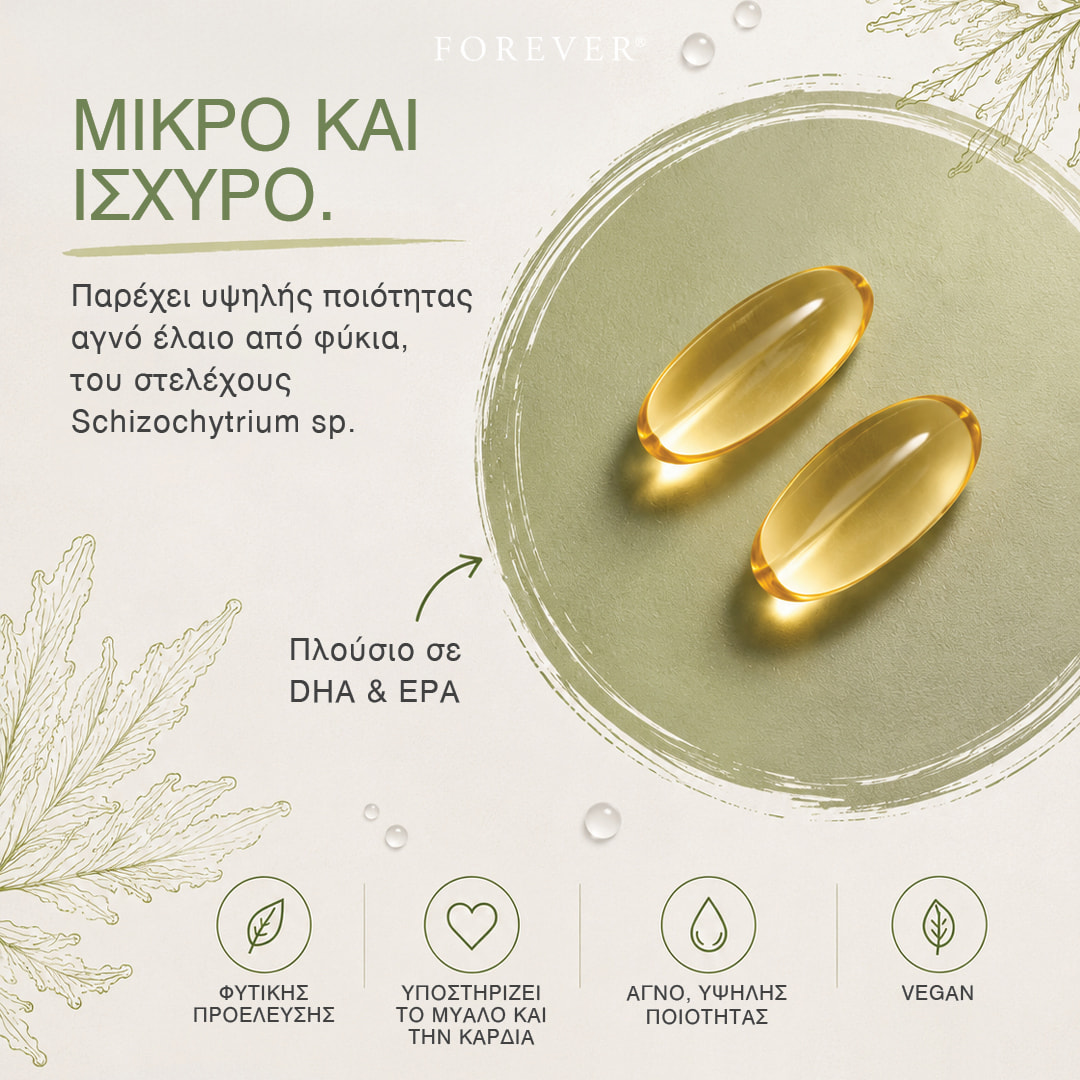 Δύο μαλακές κάψουλες Forever Algal Omega και πληροφορίες για το έλαιο φυκών Schizochytrium sp. με DHA και EPA.